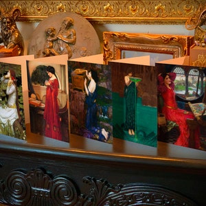 Damiselas de John William Waterhouse, tarjetas de felicitación cotidianas con elegantes sobres de lámina dorada a rayas, 5 x 7 pulgadas, 5 tarjetas/5 sobres