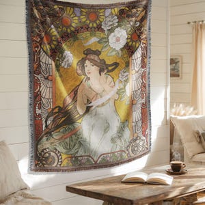 Lady of the Flowers by Alphonse Mucha, Woven Blanket, Wall Tapestry, Large Throw, 50in x 60in