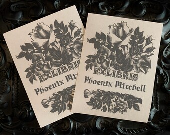 Dark Roses, Personalized Floral Ex-Libris Bookplates, Crafted on Traditional Gummed Paper, 3in x 4in, Set of 30