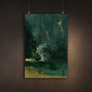 Pode incluir: Uma pintura de um céu noturno verde escuro com uma luz branca brilhante no centro. A luz é cercada por um anel de estrelas douradas e brancas. A pintura é feita em um estilo que lembra o impressionismo.