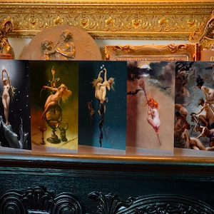 Myths de Luis Ricardo Falero, Cartes de voeux beaux-arts avec élégantes enveloppes rayées en feuille d'or, 5 x 7 pouces, 5 cartes/5 enveloppes