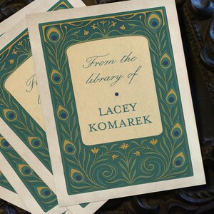 Peacock Frame, Personalized Ex-Libris Bookplates, Crafted on Traditional Gummed Paper, 3in x 4in, Set of 30