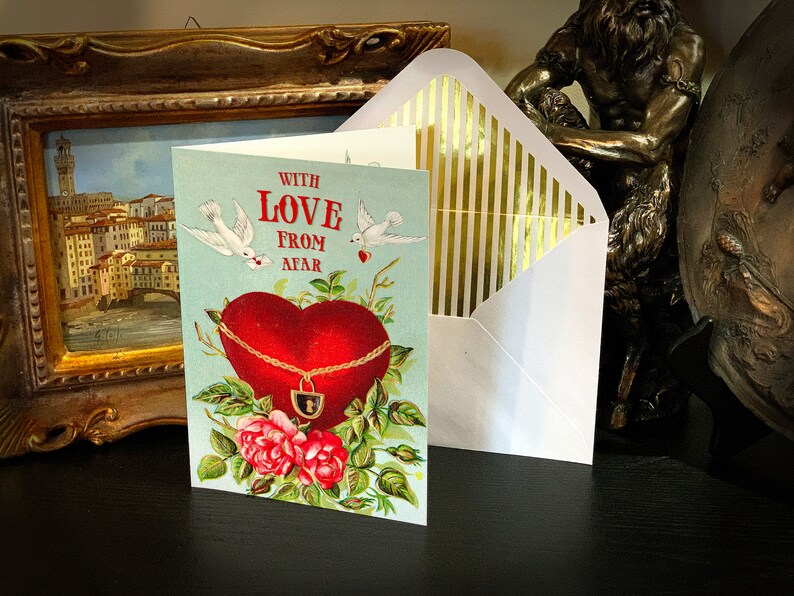 Victorian Valentine's Day Greeting Card, Love From Afar, for Friends and Family, with Elegant Gold Foil Envelope image 3