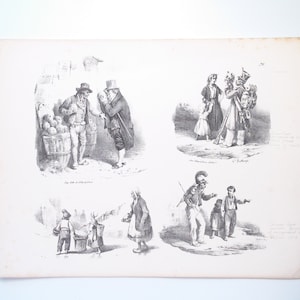 Puede incluir: Grabado en blanco y negro de cuatro escenas que representan a personas interactuando en un entorno urbano. Las escenas incluyen a un hombre comprando fruta a un vendedor, un hombre con un bastón hablando con otro hombre, una mujer y un hombre hablando con un soldado, y un hombre con un arma hablando con dos niños.