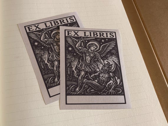 St Michael Slaying the Devil, Gothic Personalized Ex-libris