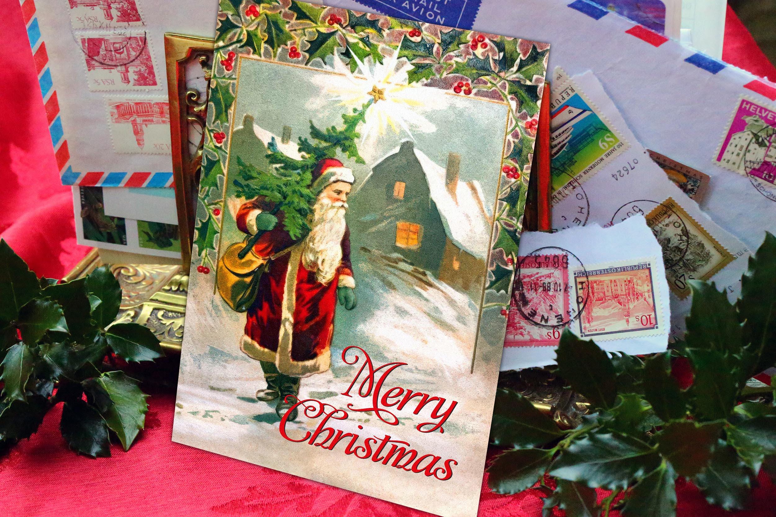 Old World Santa With Christmas Tree 5x7 Flat Holiday Cards With