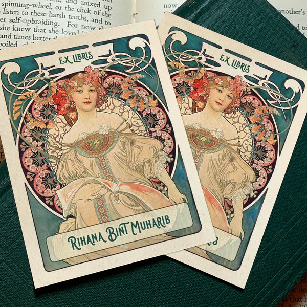 Literature Muse by Alphonse Mucha, Personalized Art Nouveau Ex-Libris Bookplates, Crafted on Traditional Gummed Paper, 3in x 4in, Set of 30