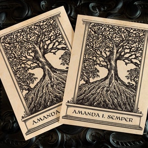 Ancient Gnarled Tree of Knowledge, Personalized Ex-Libris Bookplates, Crafted on Traditional Gummed Paper, 3in x 4in, Set of 30