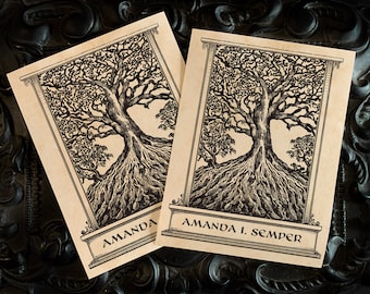 Ancient Gnarled Tree of Knowledge, Personalized Ex-Libris Bookplates, Crafted on Traditional Gummed Paper, 3in x 4in, Set of 30