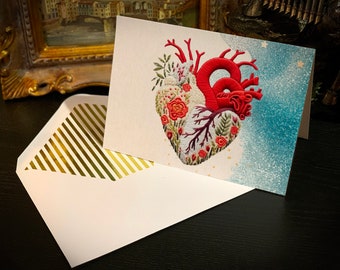 Knitted Anatomical Heart Romantic Valentine's Day Greeting Cards with Elegant Striped Gold Foil Envelopes, 5 Cards/5 Envelopes, 5in x 7in