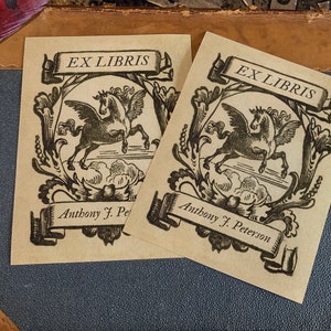 Medieval Pegasus, Personalized Ex-Libris Bookplates, Crafted on Traditional Gummed Paper, 3in x 4in, Set of 30