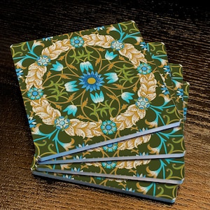 William Morris Floral Wreath, Drink Coasters Made from Stone with a Cork Backing, Set of 4