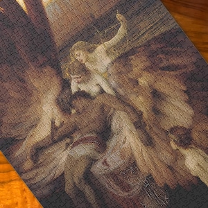May include: A completed jigsaw puzzle featuring a classical painting with figures in a dramatic, light-filled scene. The puzzle pieces are various shades of brown and beige, with a wooden table in the background.