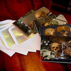 Vanitas, Dark Academia, cartes de voeux de tous les jours avec élégantes enveloppes rayées en feuille d'or, 5 x 7 pouces, lot de 5 cartes/enveloppes