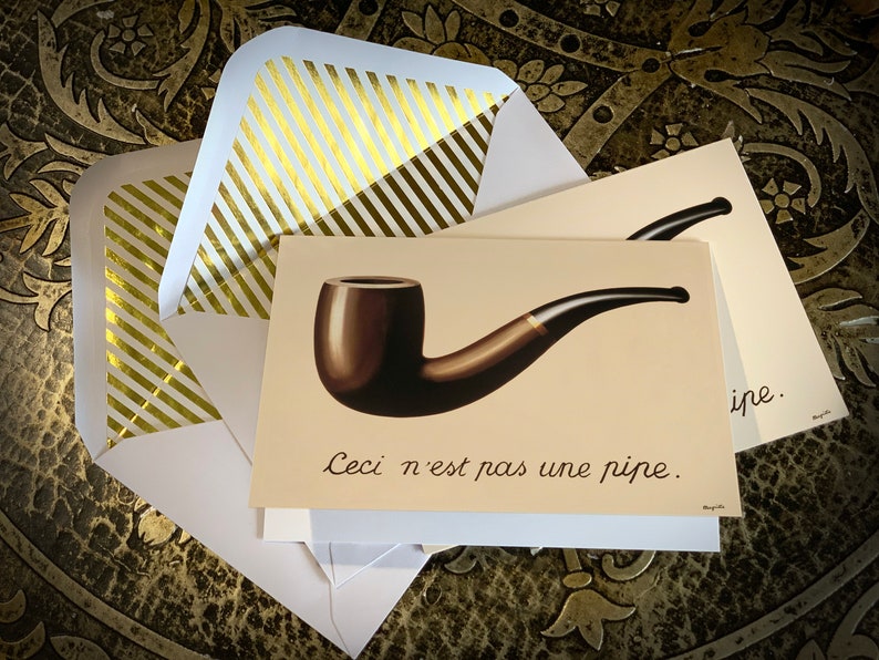 Ceci N'est Pas Une Pipe by Rene Magritte, Surrealist Greeting Card with Elegant Striped Gold Foil Envelope, 1 Card/Envelope image 1