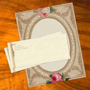 Rosa victoriana vintage, lujoso juego de papelería hecho a mano para escribir cartas, personalizado, 12 hojas/10 sobres