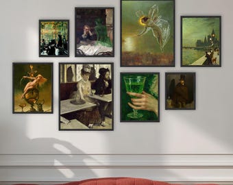 The Green Fairy, Ready-to-Hang Absinthe-Themed Dark Academia Gallery Wall Art Set, 8 Framed Gothic Prints for Study, Library, or Bar Decor