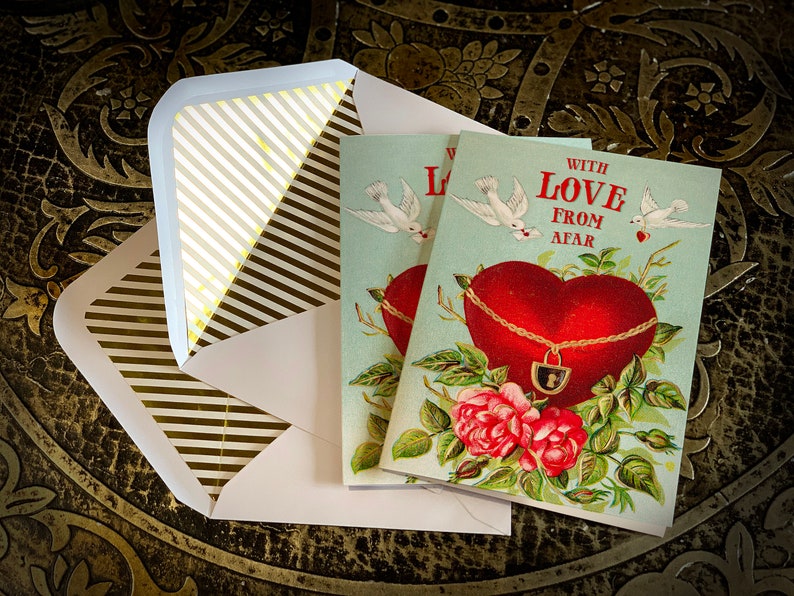 Victorian Valentine's Day Greeting Card, Love From Afar, for Friends and Family, with Elegant Gold Foil Envelope image 2