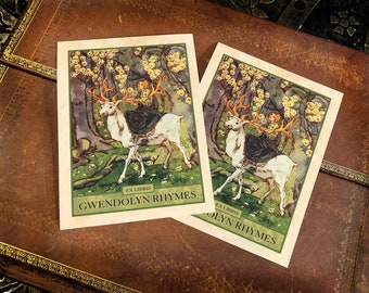 Girl Riding a Magical Stag, Fairytale Personalized Ex-Libris Bookplates, Crafted on Traditional Gummed Paper, 3in x 4in, Set of 30