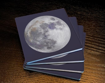 Full Moon, Drink Coasters, Made from Absorbent Soapstone with a Cork Backing, Set of 4