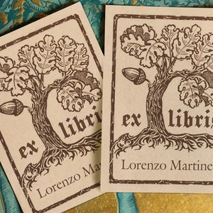 Oak and Acorn, Personalized Ex-Libris Bookplates, Crafted on Traditional Gummed Paper, 3in x 4in, Set of 30