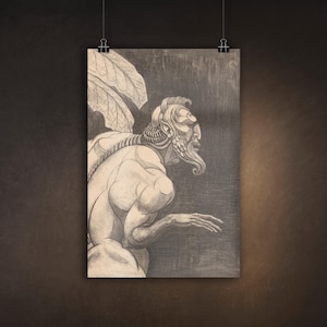 May include: A black and white pencil drawing of a creature with wings and a beard. The creature is depicted in a seated position with its head turned to the side.