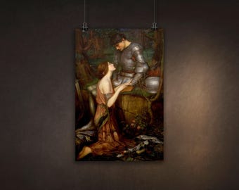May include: A framed print of a Pre-Raphaelite painting depicting a knight in silver armor and a woman in a flowing gown. The artwork features a forest backdrop with muted tones of brown, green, and gold, creating a romantic scene.