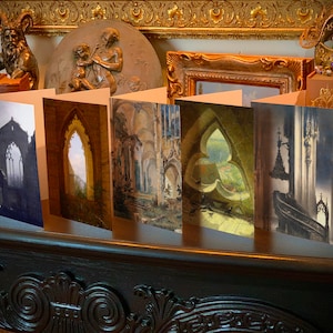 Ruines gothiques, cartes de voeux Dark Academia avec élégantes enveloppes en feuille d'or à rayures, 5 x 7 pouces, 5 cartes/5 enveloppes