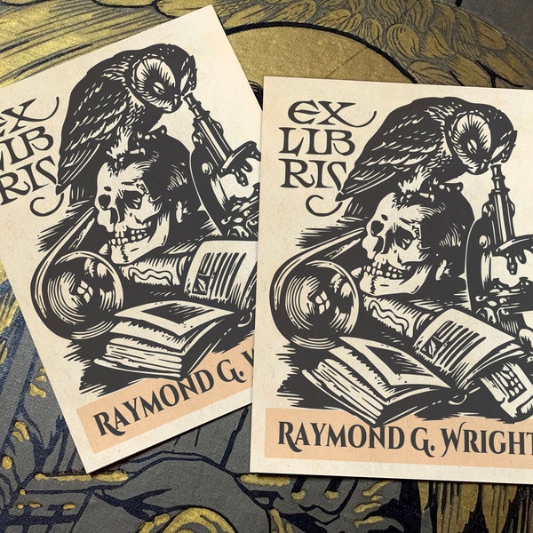 Skull, Owl, and Microscope, Personalized Gothic Ex-Libris Bookplates, Crafted on Traditional Gummed Paper, 3in x 4in, Set of 30