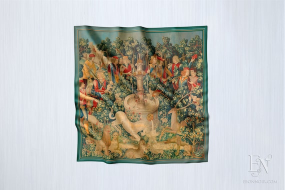 The Unicorn Purifies Water (from the Unicorn Tapestries), Luxurious Square Scarf/Wrap/Boho Shawl, Made to Order, Handmade and Cruelty-Free