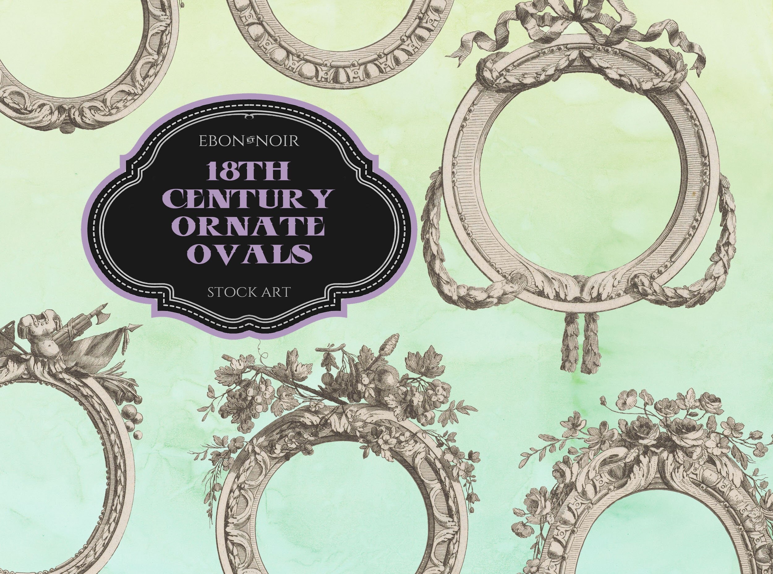 4, 18th Century Ovals/Frames in Three File Types, JPG, PNG, and SVG, Royalty Free, Digital Download