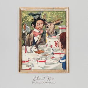 May include: A vintage illustration of a Mad Hatter, March Hare, and Alice from Alice in Wonderland having tea. The Mad Hatter is holding a pocket watch and a chain. The March Hare is wearing a teapot on its head. Alice is looking at the Mad Hatter. The illustration is in a gold frame.
