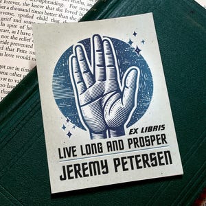 Live Long and Prosper, Sci-fi Personalized Ex-Libris Bookplates, Crafted on Traditional Gummed Paper, 3in x 4in, Set of 30
