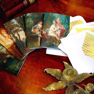 Romantic Interludes, Everyday Fine Art Greeting Cards with Elegant Striped Gold Foil Envelopes, 5in x 7in, 5 Cards/5 Envelopes