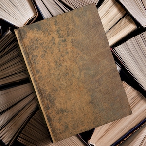 Puede incluir: Una cubierta de libro marrón y texturizada descansa sobre una colección de libros abiertos. La cubierta tiene una apariencia desgastada y antigua, con un patrón moteado. Las páginas de los libros circundantes están envejecidas, creando una estética vintage.