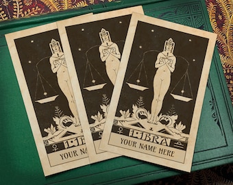 Libra by Henri Van Der Stok, Personalized Zodiac Ex-Libris Bookplates, Crafted on Traditional Gummed Paper, 2.5in x 4in, Set of 30