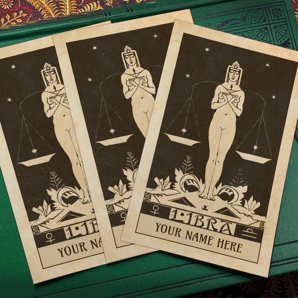 Libra by Henri Van Der Stok, Personalized Zodiac Ex-Libris Bookplates, Crafted on Traditional Gummed Paper, 2.5in x 4in, Set of 30