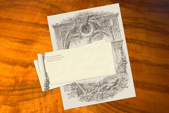 Church Window, Luxurious Christian Stationery, Personalized and Handcrafted, 12 Sheets/10 Envelopes, Available in Two Colors