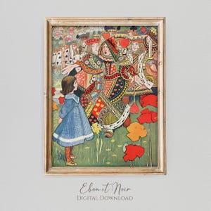 May include: A vintage illustration of Alice from Alice in Wonderland standing in a field of red poppies. The Queen of Hearts and other playing card characters are in the background.