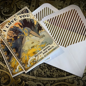 I Love You to the Moon and Back, Celestial Goddesses, Lesbian Valentine&#39;s Day Greeting Card with Gold Foil Envelope, 1 Card/Envelope
