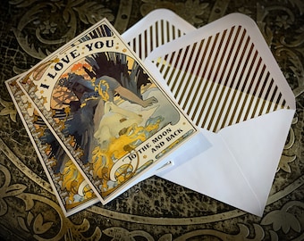 I Love You to the Moon and Back, Celestial Goddesses, Lesbian Valentine&#39;s Day Greeting Card with Gold Foil Envelope, 1 Card/Envelope