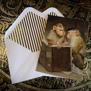 The Monkey Scholars, Dark Academia Greeting Card with Elegant Striped Gold Foil Envelope, 1 Card/Envelope