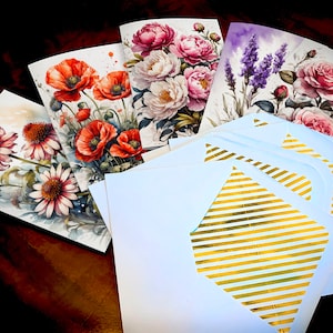 Favoritos de Cottage Garden, tarjetas de felicitación florales de bellas artes para todos los días con elegantes sobres de lámina dorada a rayas, 5 tarjetas/5 sobres, 5 x 7 pulgadas