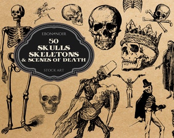 50 Skulls, Skeletons, and Scenes_of_Death, SVG Vector Format, Digital Download, Public Domain