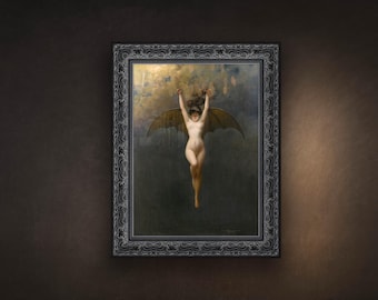 May include: A framed artwork depicting a nude figure with bat-like wings, arms raised. The painting has a dark background with a hint of light. The frame is ornate and black, set against a brown wall.