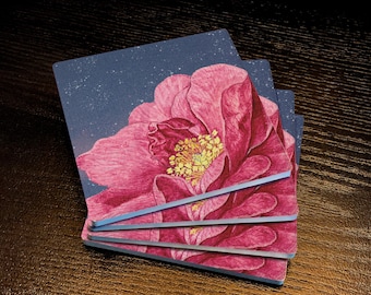 Celestial Peony, Drink Coasters, Made from Absorbent Soapstone with a Cork Backing, Set of 4
