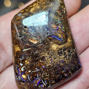 Puede incluir: Una gema pulida de forma libre, que muestra una mezcla de colores marrón, dorado y azul. La piedra presenta patrones intrincados y un acabado brillante. La gema se sostiene en una mano, resaltando su textura única y belleza natural.