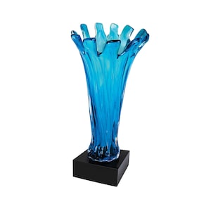 blue cup art glass, hand blown glass, blown glass sculpture, corporate glass award, achievement glass award, colorful glass sculpture