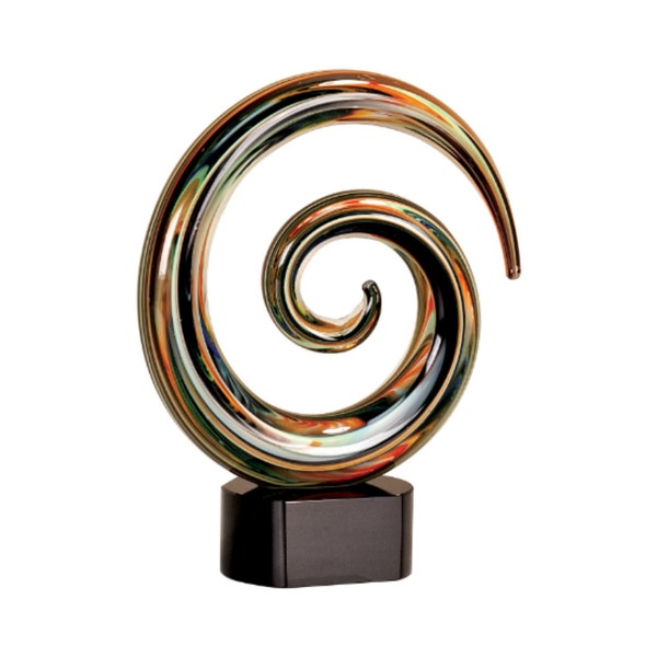 swirl art glass, hand blown glass swirl, blown glass sculpture, corporate glass award, achievement glass award, colorful glass art sculpture