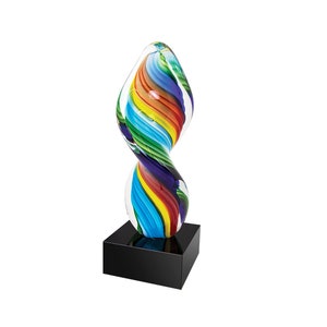 rainbow twist art glass, hand blown glass, blown glass sculpture, corporate glass award, achievement glass award, colorful glass sculpture